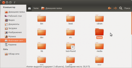 Окно программы Nautilus 3.4.1 на русском языке в Ubuntu 12.04